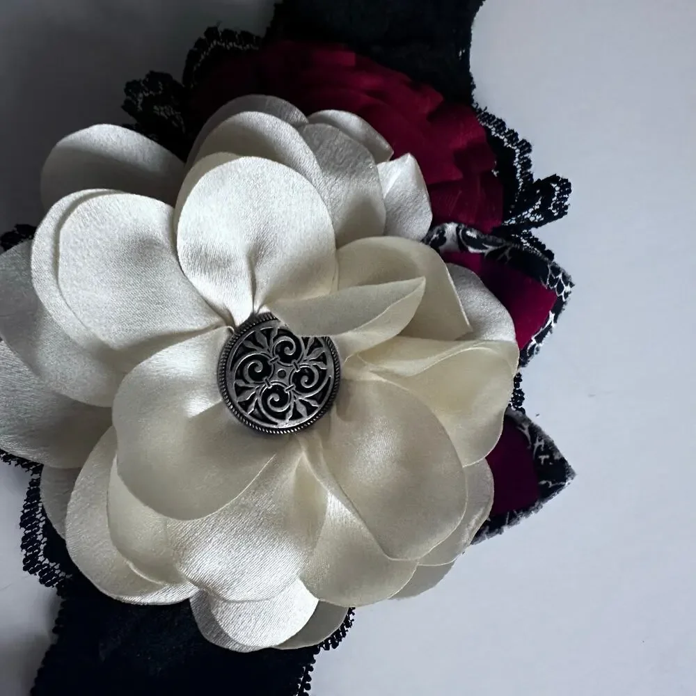 Persnickety Festive Lace Headband with Red Floral Christmas Detail